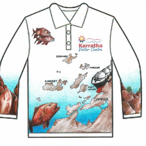 Here it is! The winner of our fishing shirt design comp! Congratulations to Yvonne Kaestner, who's design was selected by our board members. It captures some of our regions iconic and alluring features; red rock, amazing oceans, islands, fish and local culture. 
This shirt will be available to purchase in the near future! 
#fishingshirt #pilbara #visitkarratha